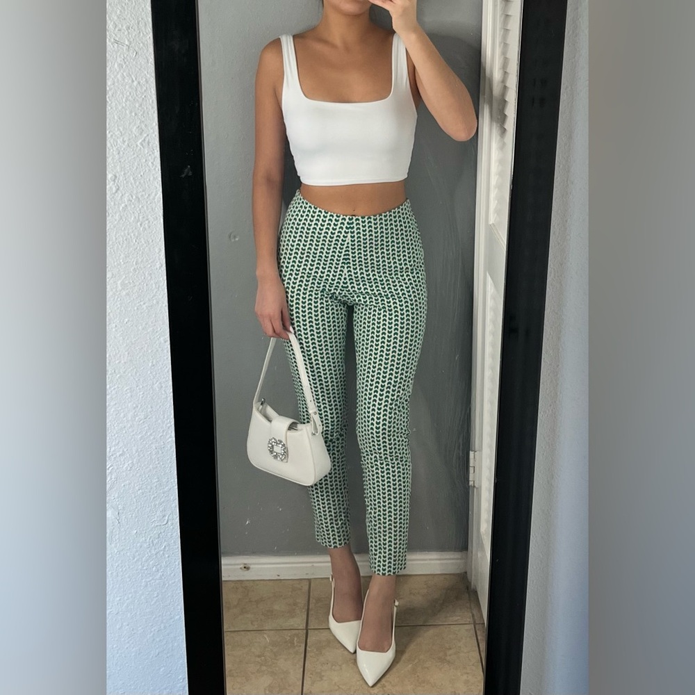 Green geometric print slim ankle trouser pants 2 workwear office Parisian preppy
